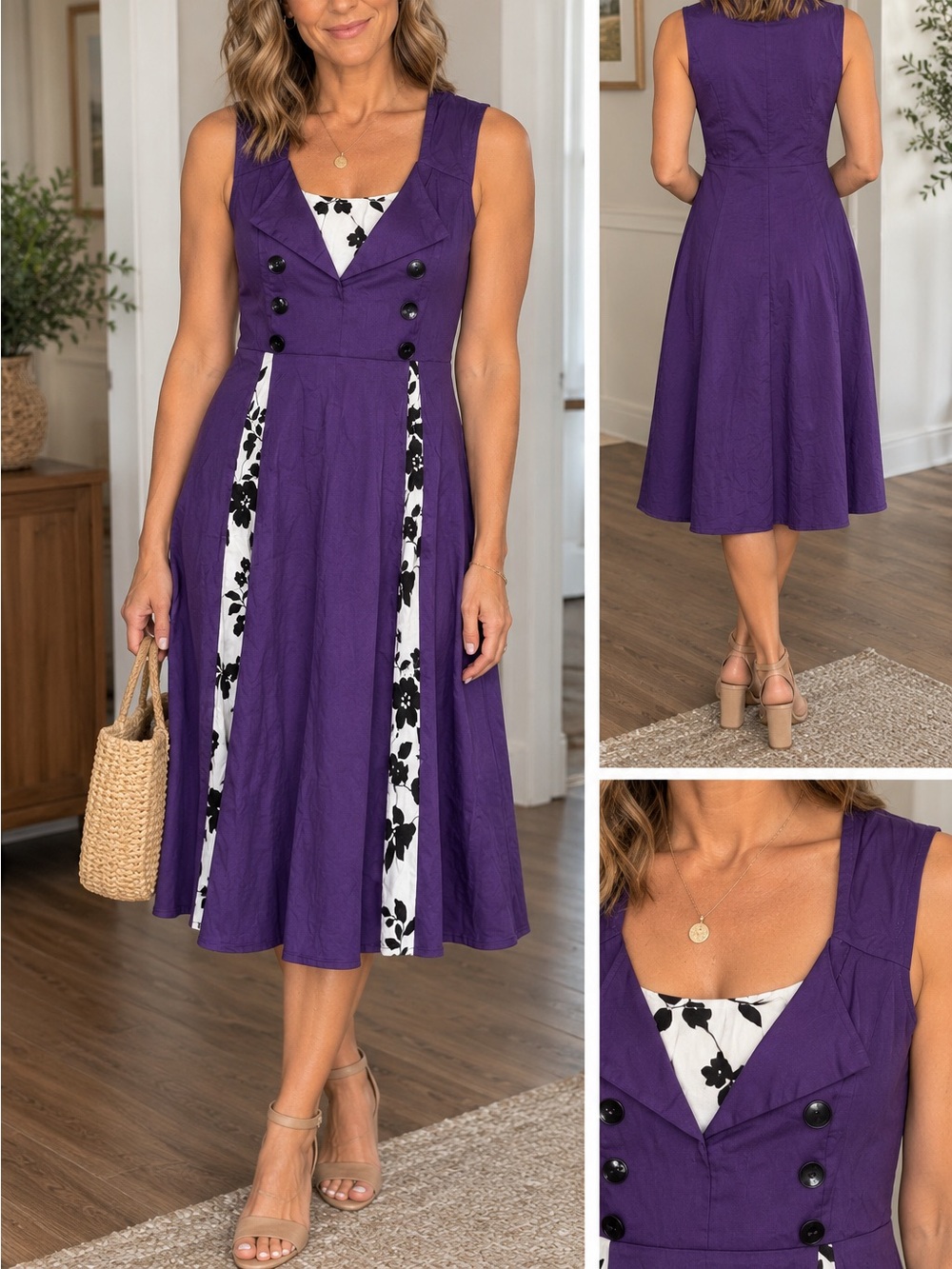 Sleeveless Purple Midi Dress with Floral-Trim Panels